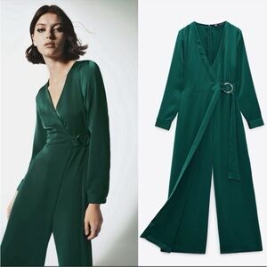 ZARA Emerald Green Satin Long Sleeve Wrap Wide Leg Pant One Piece Jumpsuit